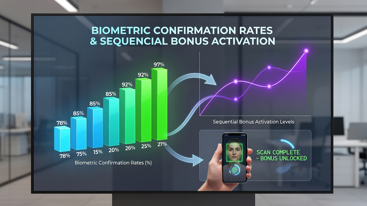 Illustration of mobile game interface showing biometric prompt during bonus activation sequence