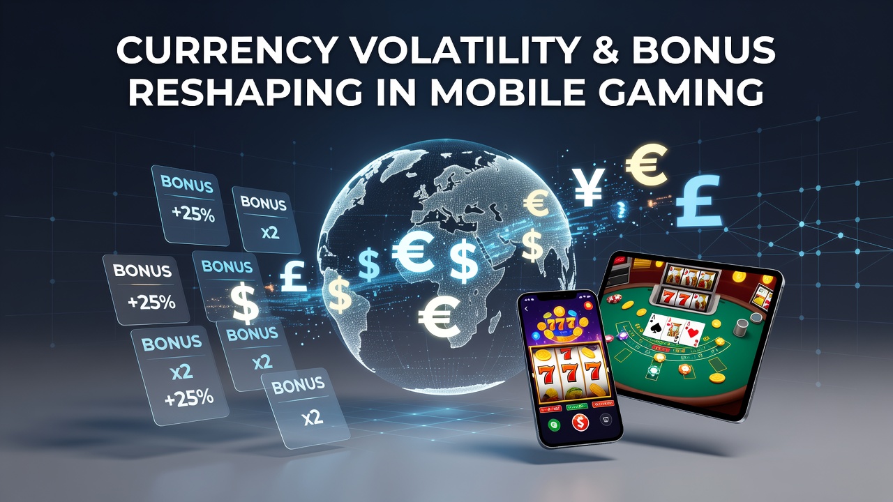 Mobile slot and blackjack interface displaying dynamic bonus adjustments tied to real-time currency rates