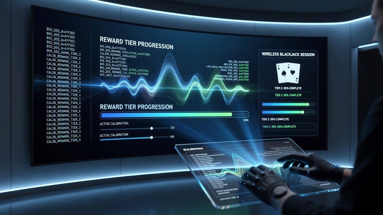 Network signal strength meters overlaid on reel game interfaces showing biometric calibration status