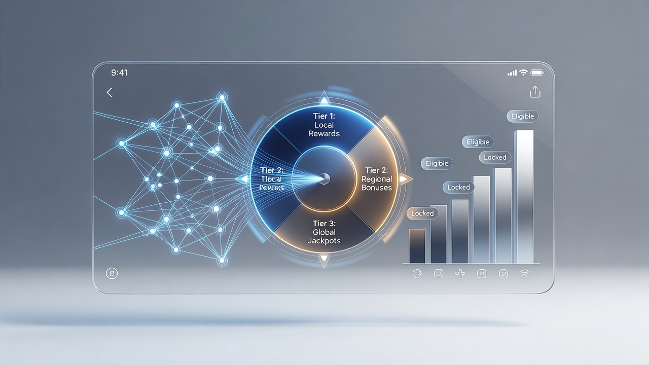 Mobile application dashboard displaying synchronized location signals with tiered prize levels for spinning reels and live dealer tables
