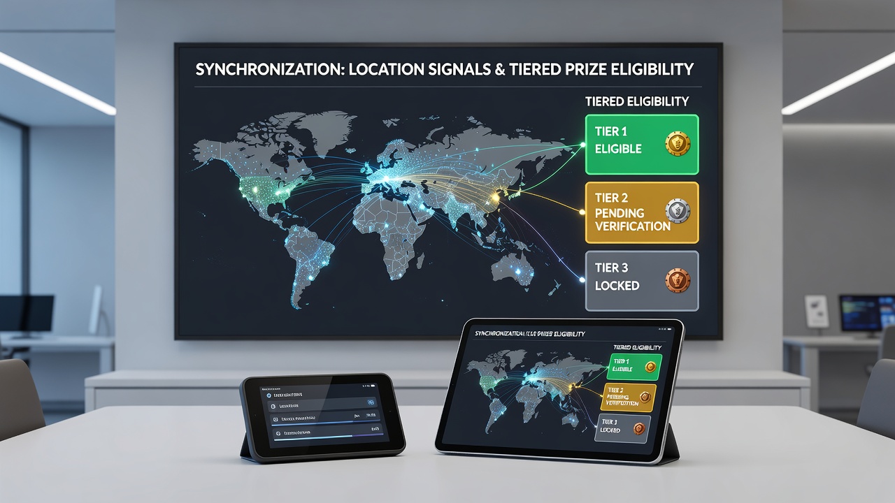 Technical diagram illustrating data flow from location APIs to prize eligibility modules in spinning and dealing applications