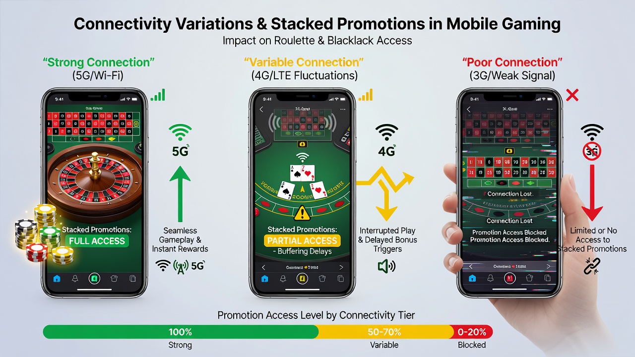 Network signal strength meter overlaid on a live blackjack table viewed through a smartphone screen