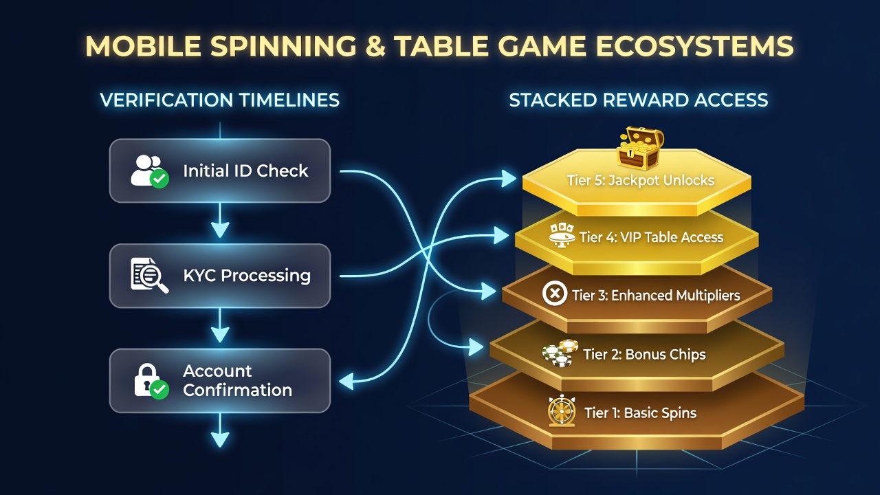 Mobile device displaying spinning reels alongside verification progress indicators in a gaming app interface