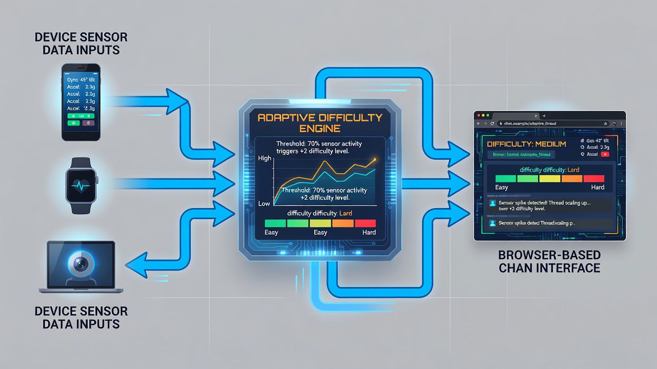 Data visualization showing sensor inputs feeding into adaptive difficulty scaling models for browser simulations