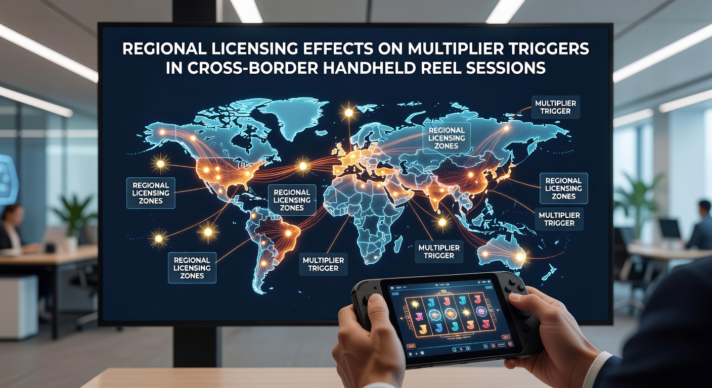 Cross-border handheld reel gaming interface showing multiplier triggers under different regional licenses