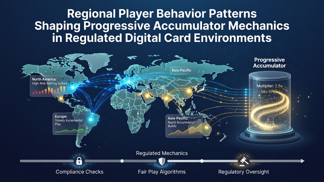 Digital card game interface showing progressive jackpot meters across different regional player sessions