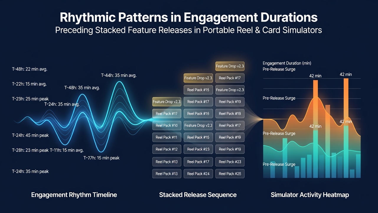Mobile device displaying rhythmic engagement graphs overlaid on reel and card simulator interfaces