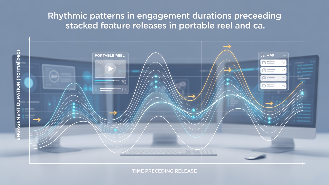 Analytics dashboard showing engagement duration curves leading to stacked feature releases in portable simulators