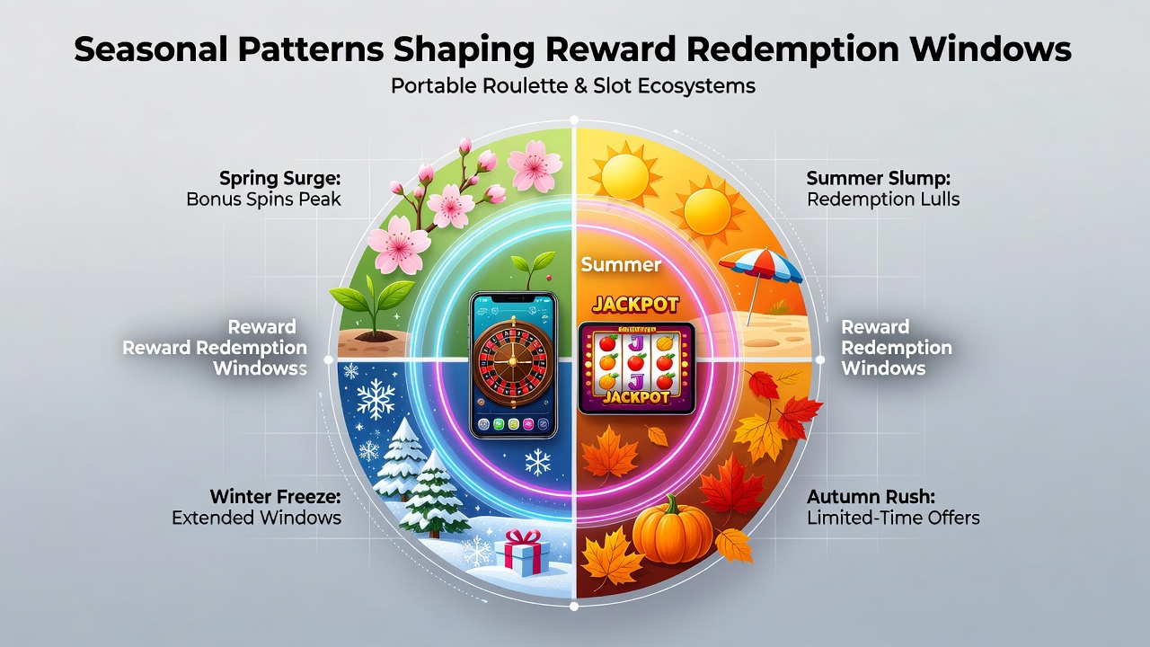 Mobile roulette and slot apps displayed on smartphones with seasonal icons representing holidays and weather shifts
