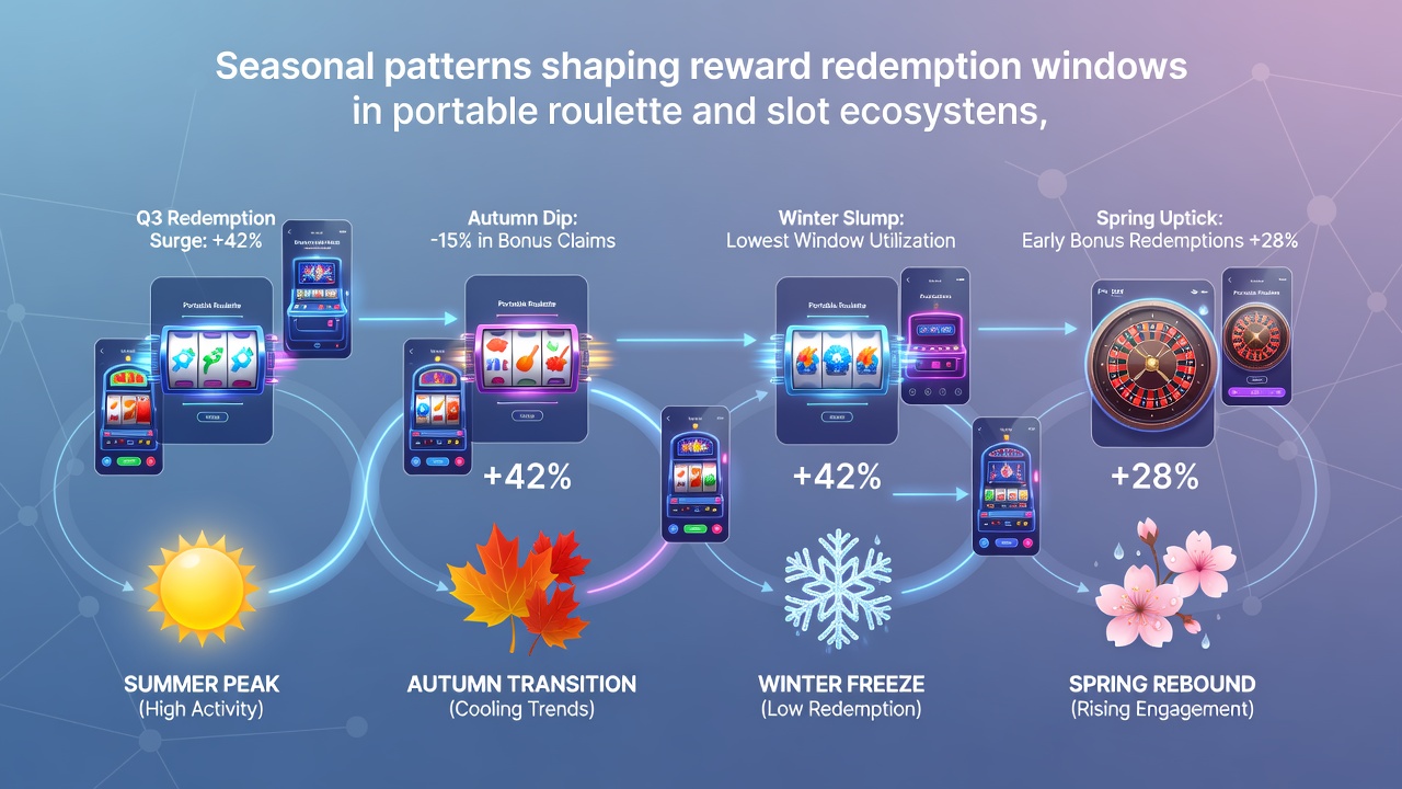 Seasonal data charts overlaid on mobile casino interfaces showing redemption peaks during holidays and summer months