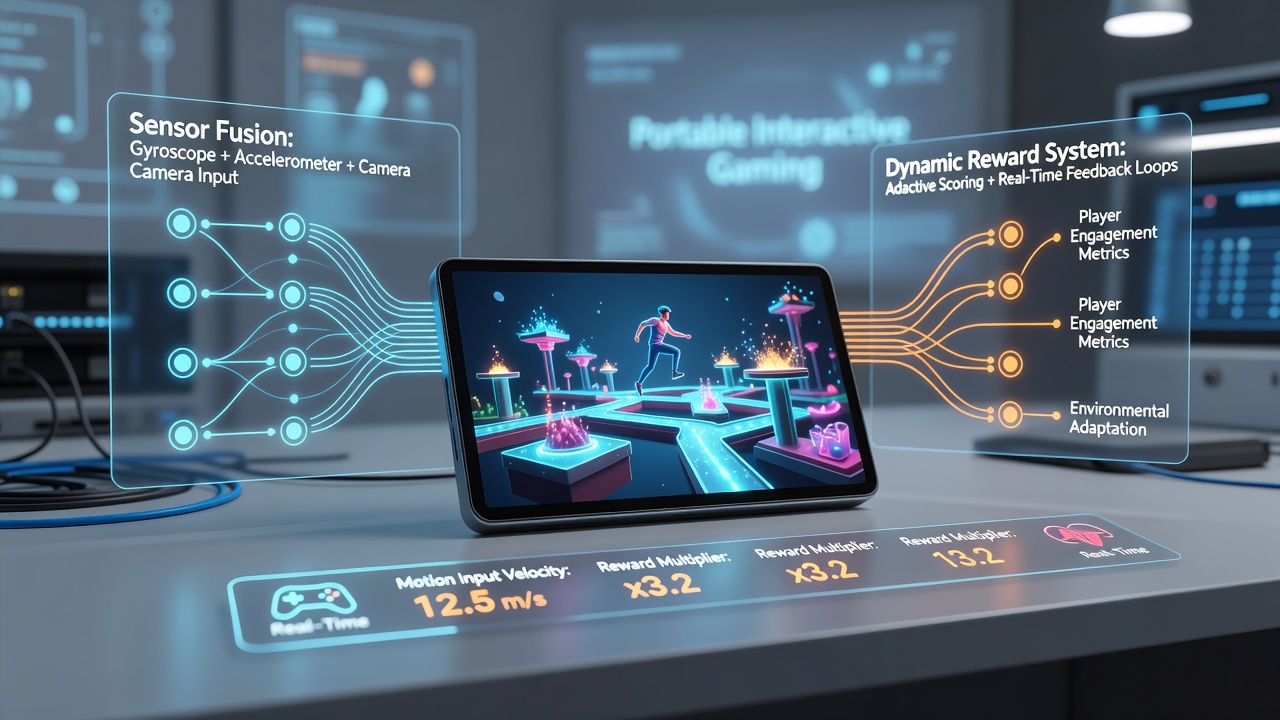 Mobile device screen displaying real-time reward adjustment interface where fused sensor metrics update bonus multipliers during active gameplay